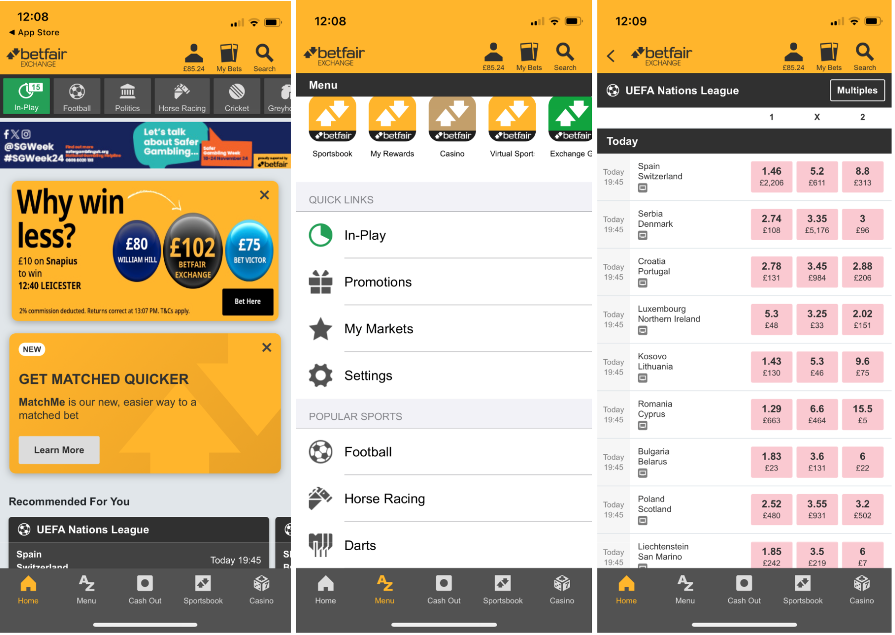 Three screenshots of Betfair Exchange's app: the homepage, main menu and football markets